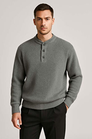 Wes Selanik Örgü 3 Düğmeli Yarım Pat Rahat Kalıp Erkek Triko Kazak - Füme