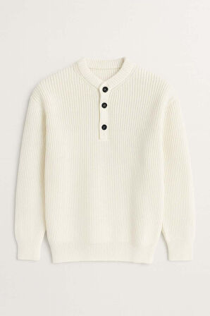 Wes Selanik Örgü 3 Düğmeli Yarım Pat Rahat Kalıp Erkek Triko Kazak - Ekru