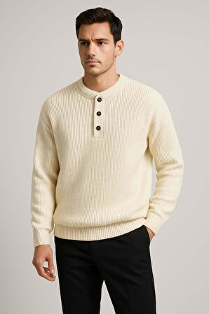 Wes Selanik Örgü 3 Düğmeli Yarım Pat Rahat Kalıp Erkek Triko Kazak - Ekru