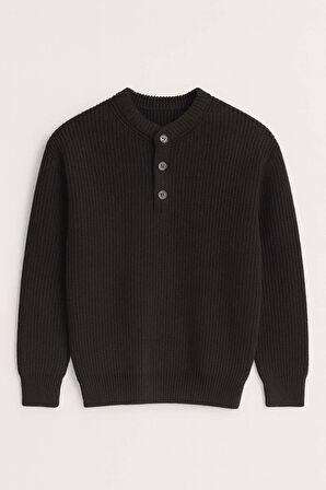 Wes Selanik Örgü 3 Düğmeli Yarım Pat Rahat Kalıp Erkek Triko Kazak - Siyah