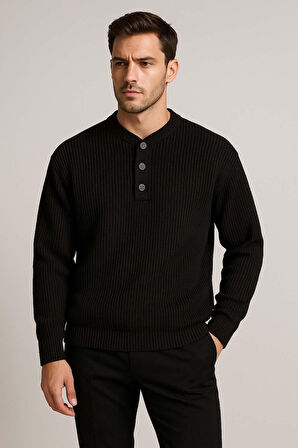 Wes Selanik Örgü 3 Düğmeli Yarım Pat Rahat Kalıp Erkek Triko Kazak - Siyah