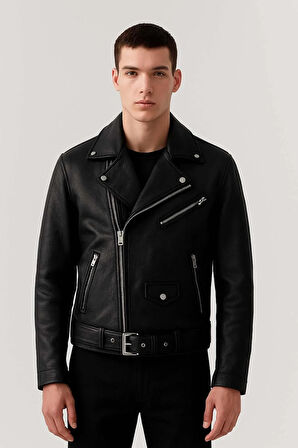 Russel Çok Cepli Biker Deri Görünümlü Erkek Ceket - Siyah