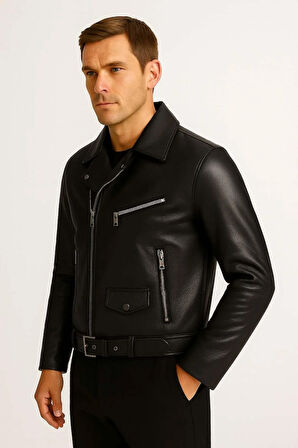 Russel Çok Cepli Biker Deri Görünümlü Erkek Ceket - Siyah