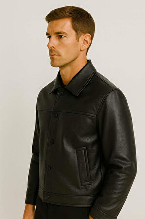 Denzel Düğmeli Yan Cepli Deri Görünümlü Erkek Ceket - Siyah