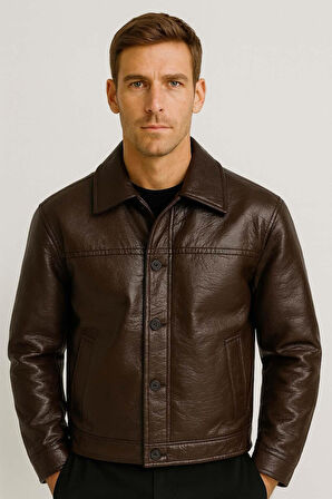 Denzel Düğmeli Yan Cepli Deri Görünümlü Erkek Ceket - Kahve