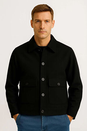 Gaspar Kaşe Kumaş Düğmeli Rahat Kalıp Erkek Ceket - Siyah