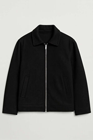 Kaşe Kumaş Fileto Cepli Fermuarlı Erkek Ceket - Siyah