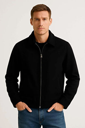 Kaşe Kumaş Fileto Cepli Fermuarlı Erkek Ceket - Siyah