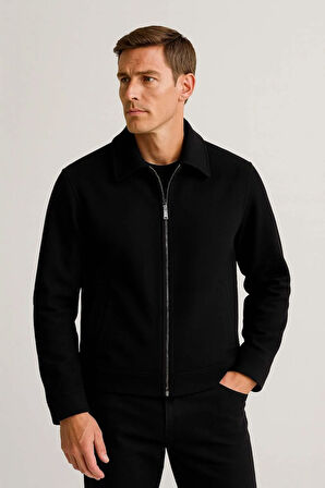 Kaşe Kumaş Fileto Cepli Fermuarlı Erkek Ceket - Siyah