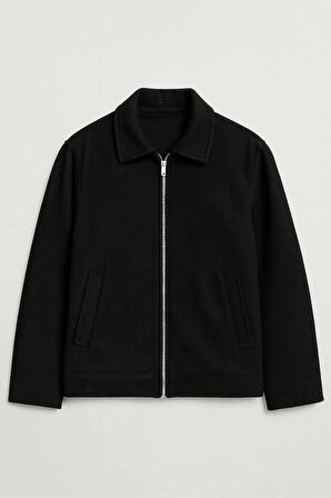 Kaşe Kumaş Fileto Cepli Fermuarlı Erkek Ceket - Siyah