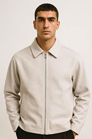 Kaşe Kumaş Fileto Cepli Fermuarlı Erkek Ceket - Taş