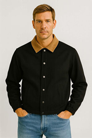 Lauri Workwear Tarzı Tok Kumaş Kadife Yakalı Rahat Kalıp Erkek Ceket - Siyah