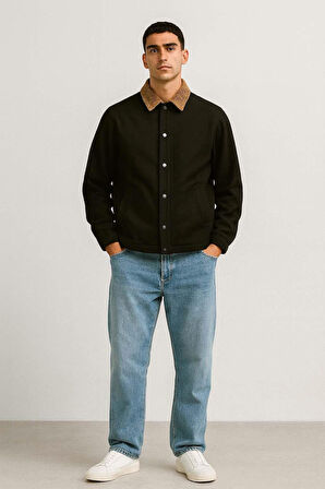 Lauri Workwear Tarzı Tok Kumaş Kadife Yakalı Rahat Kalıp Erkek Ceket - Siyah