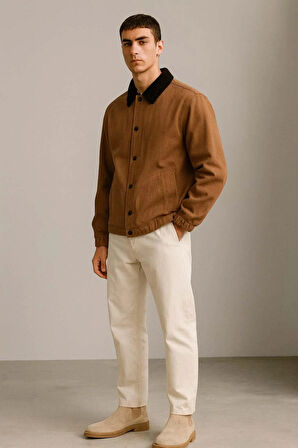 Lauri Workwear Tarzı Tok Kumaş Kadife Yakalı Rahat Kalıp Erkek Ceket - Kahve