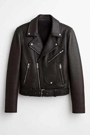 Russel Çok Cepli Biker Deri Görünümlü Erkek Ceket - Kahve