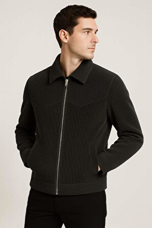 Dreyer Fitilli Kadife Kumaş Fileto Cepli Fermuarlı Erkek Ceket - Siyah