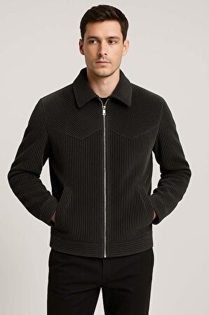 Dreyer Fitilli Kadife Kumaş Fileto Cepli Fermuarlı Erkek Ceket - Siyah