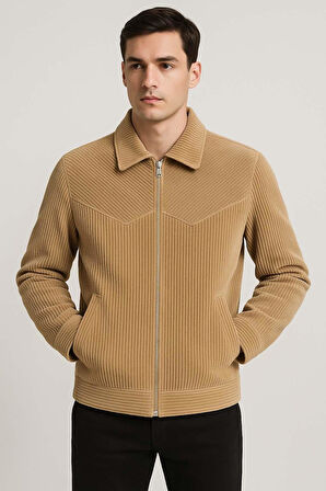 Dreyer Fitilli Kadife Kumaş Fileto Cepli Fermuarlı Erkek Ceket - Bej