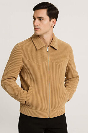 Dreyer Fitilli Kadife Kumaş Fileto Cepli Fermuarlı Erkek Ceket - Bej