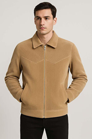 Dreyer Fitilli Kadife Kumaş Fileto Cepli Fermuarlı Erkek Ceket - Bej