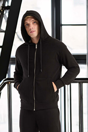 Haneke Regular Kalıp Diagonal 3 İplik Fermuarlı Kapüşonlu Erkek Sweatshirt - Siyah