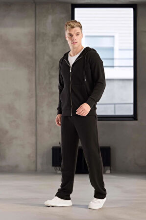 Haneke Regular Kalıp Diagonal 3 İplik Fermuarlı Kapüşonlu Erkek Sweatshirt - Siyah