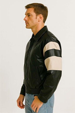 Burton Kolları Garnili Fermuarlı Deri Görünümlü Erkek Ceket - Ekru Siyah