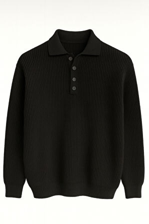Oversize Selanik Örgü 4 Düğmeli Yarım Pat Rahat Kalıp Erkek Triko Kazak - Siyah