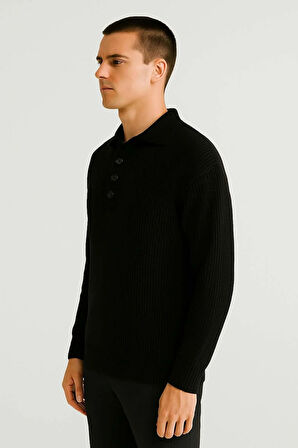 Oversize Selanik Örgü 4 Düğmeli Yarım Pat Rahat Kalıp Erkek Triko Kazak - Siyah