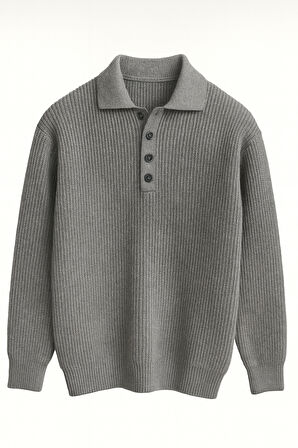 Oversize Selanik Örgü 4 Düğmeli Yarım Pat Rahat Kalıp Erkek Triko Kazak - Füme