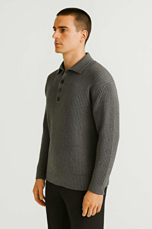 Oversize Selanik Örgü 4 Düğmeli Yarım Pat Rahat Kalıp Erkek Triko Kazak - Füme