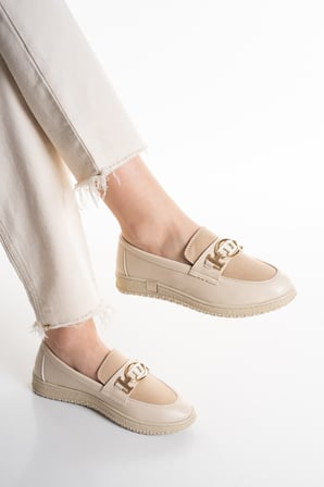 Kadın Bej Loafer Makosen Tokalı Klasik Günlük Ayakkabı s2546