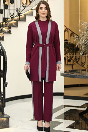 Havin Üçlü Ceket Bluz Pantolon Tesettür Takım Mürdüm Gri