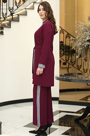 Havin Üçlü Ceket Bluz Pantolon Tesettür Takım Mürdüm Gri