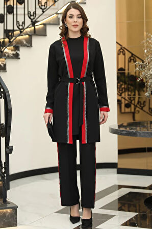 Havin Üçlü Ceket Bluz Pantolon Tesettür Takım Siyah Kırmızı