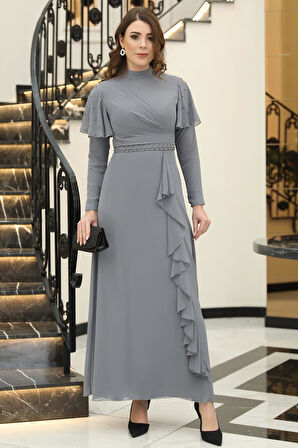 Asil Tesettür İnci Detaylı Elbise Gri