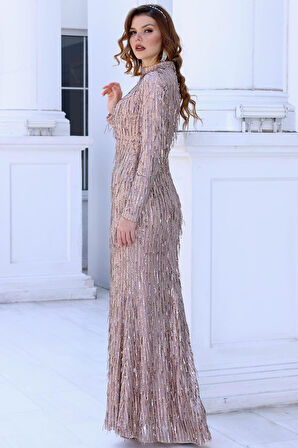 Işıltı Tesettür Abiye Bej