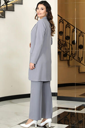 Parla Mono Yaka Tesettür Ceket Takım Gri
