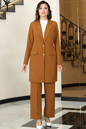 Parla Mono Yaka Tesettür Ceket Takım Taba