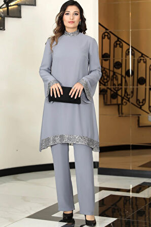 Umay Şifon Tesettür Takım Gri