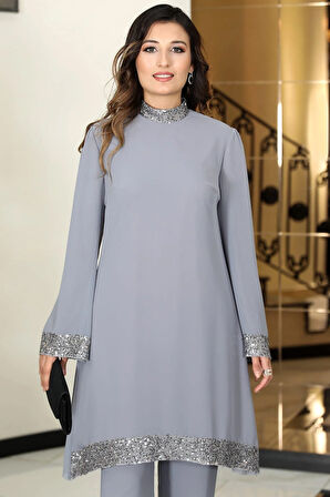 Umay Şifon Tesettür Takım Gri