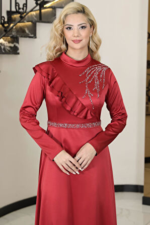 Ada Saten Tesettür Abiye Kırmızı