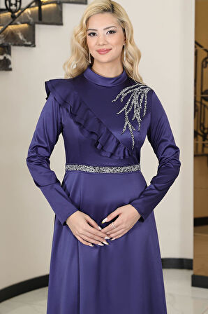 Ada Saten Tesettür Abiye Lacivert