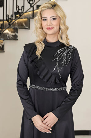 Ada Saten Tesettür Abiye Siyah