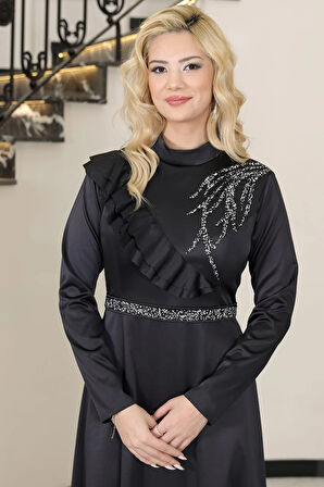 Ada Saten Tesettür Abiye Siyah