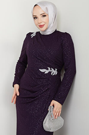 Masal Puantiyeli Tesettür Abiye Mürdüm