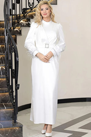 Lara Saten Kemerli Tesettür Abiye Ekru