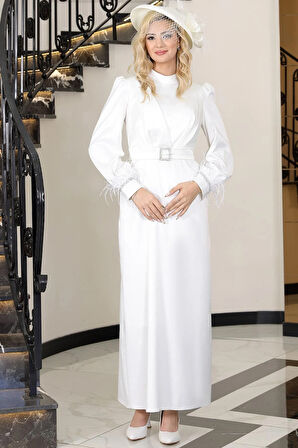 Lara Saten Kemerli Tesettür Abiye Ekru