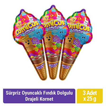 Comicus Sürpriz Oyuncaklı Fındık Dolgulu Drajeli Kornet 25gr x 3 adet