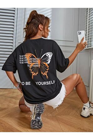 Kadın To Be Yourself Baskılı Oversize Lila T-shirt